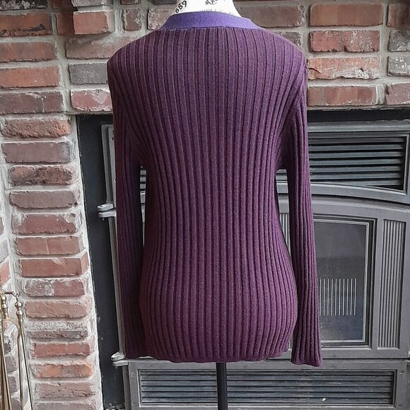 Tory Burch Cardigan Ribbed Burgundy with Purple Trim - Picture 4 of 6